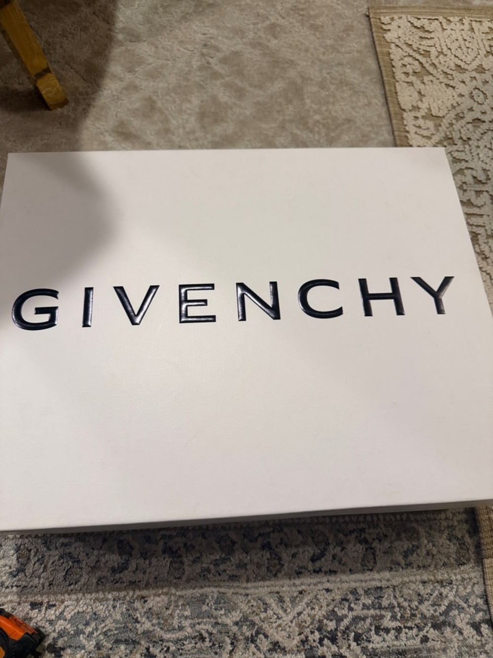 Givenchy Black Lettering on White Signature Box with boot dust bag and